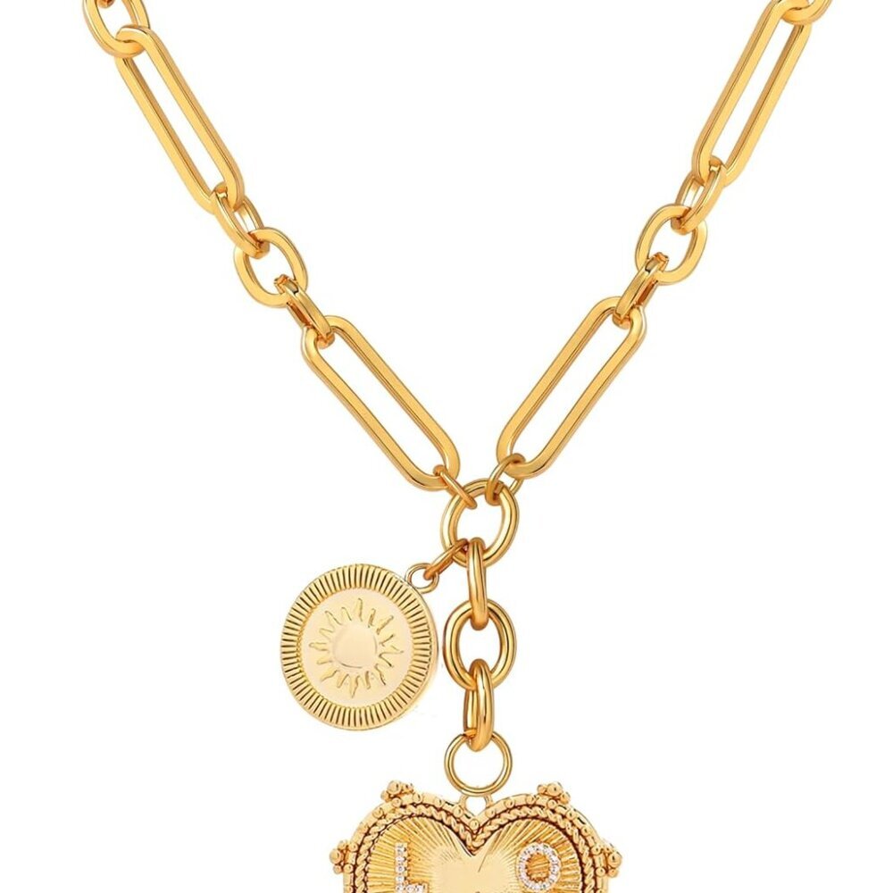 Sun Heart Charms Necklace Chunky Gold Necklace Heart Pendent Necklaces for Women